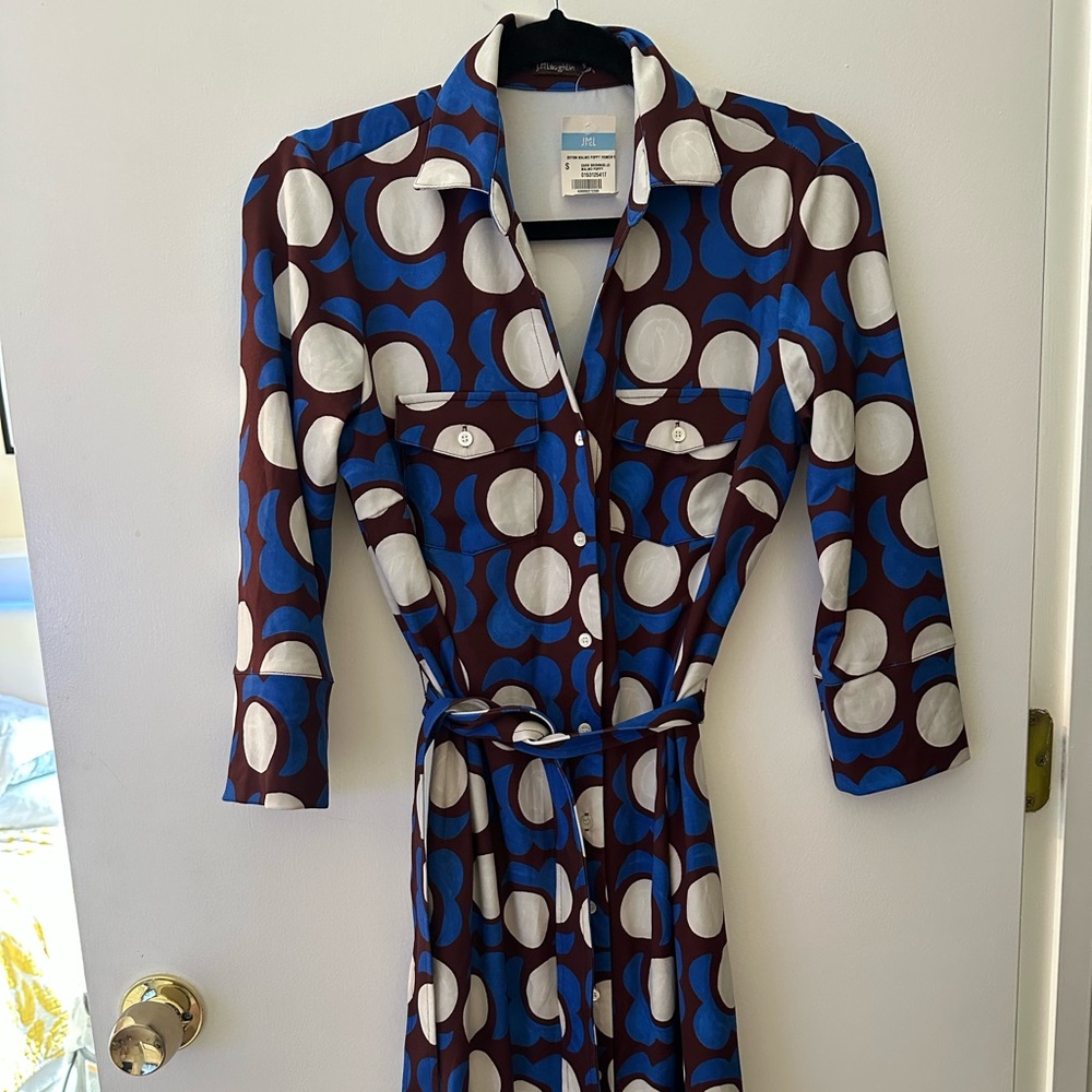 J. McLaughlin Blue and Brown Geometric Long Sleeve Dress